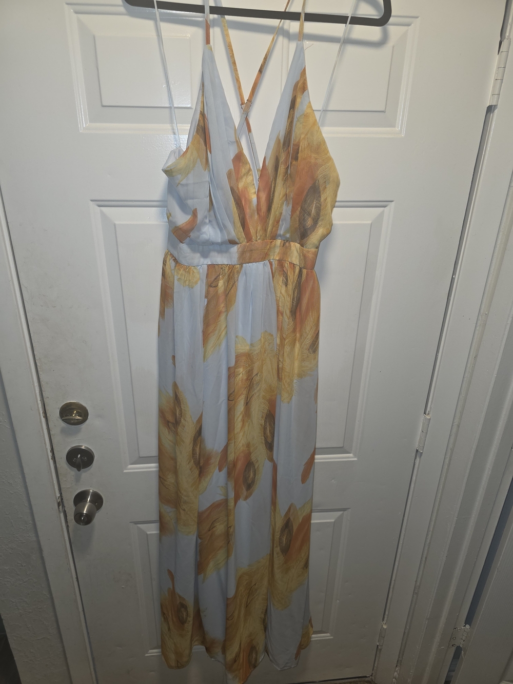 Fashion Nova Light Blue Maxi Dress with Orange-Yellow Print
